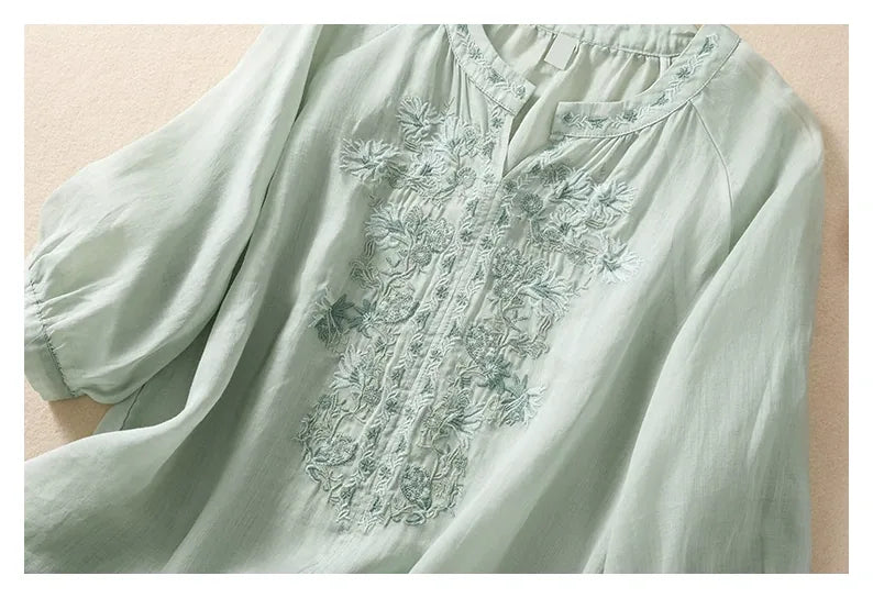 Embroidered Three Quarter Sleeve Blouse, Cotton Linen - detail view