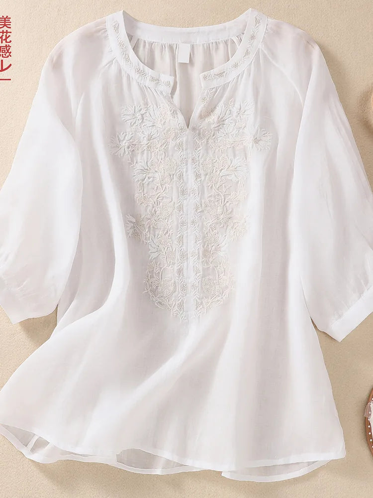 Embroidered Three Quarter Sleeve Blouse, Cotton Linen - product view view