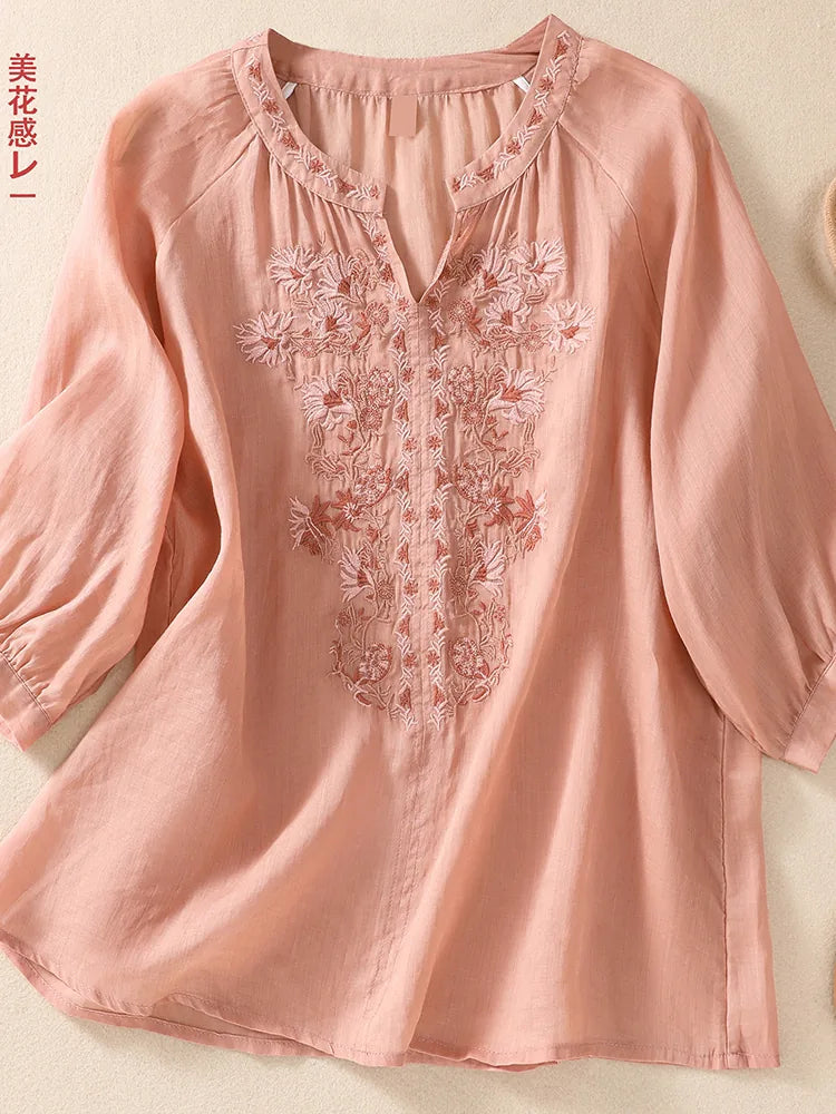 Embroidered Three Quarter Sleeve Blouse, Cotton Linen - product view view