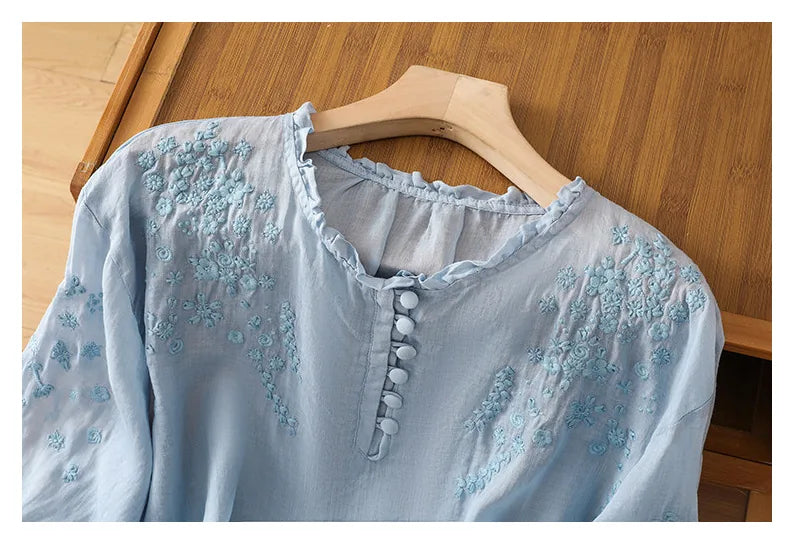 Embroidered Three Quarter Sleeve Blouse, Cotton Linen - product image 13 - unknown