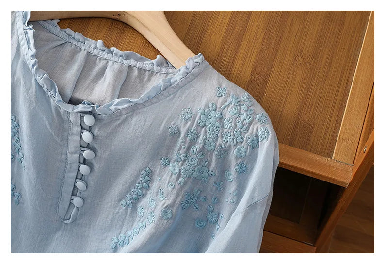 Embroidered Three Quarter Sleeve Blouse, Cotton Linen - product image 14 - unknown