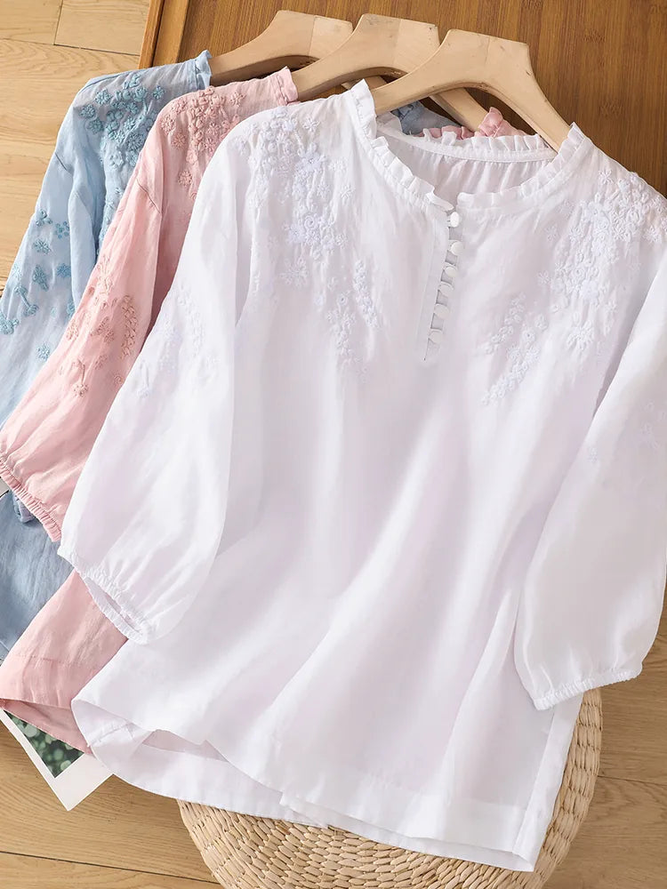 Embroidered Three Quarter Sleeve Blouse, Cotton Linen - product image 18 - unknown