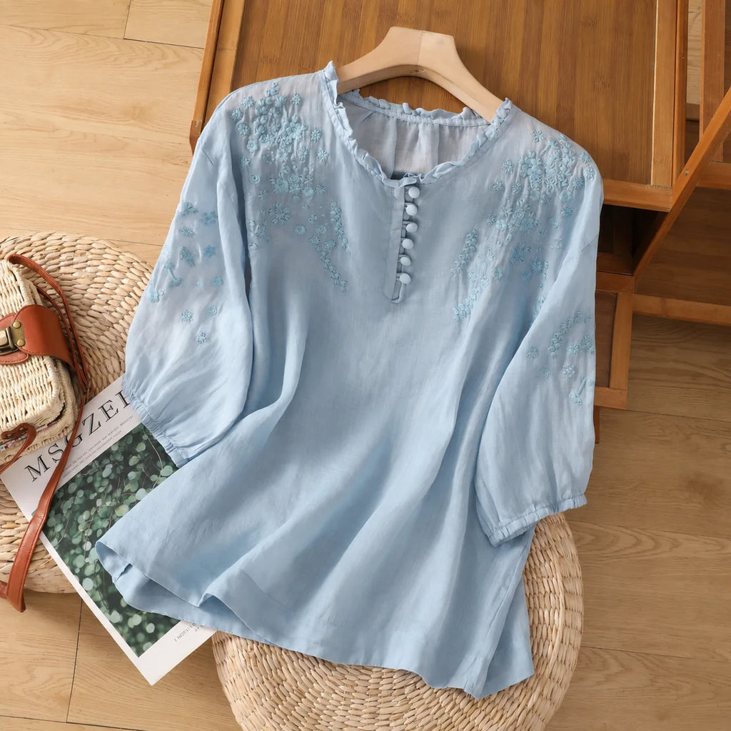 Embroidered Three Quarter Sleeve Blouse, Cotton Linen - product image 20 - unknown