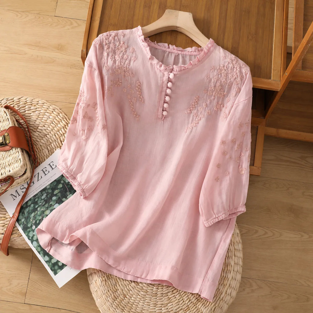 Embroidered Three Quarter Sleeve Blouse, Cotton Linen - product image 21 - unknown