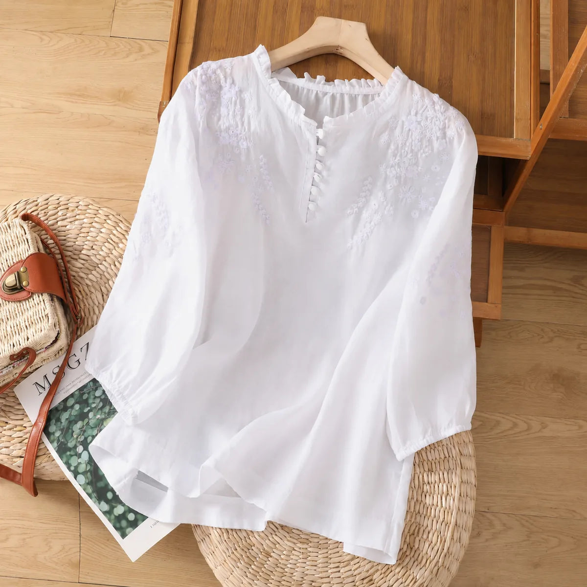 Embroidered Three Quarter Sleeve Blouse, Cotton Linen - product image 22 - unknown