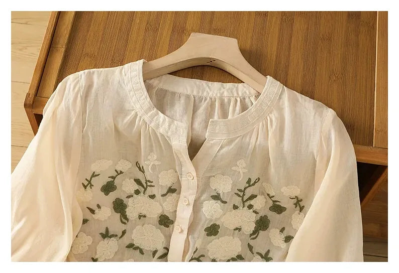 Embroidered Three Quarter Sleeve Cotton Linen Shirt - detail view