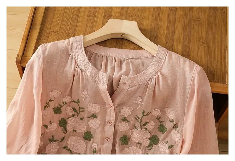 Embroidered Three Quarter Sleeve Cotton Linen Shirt - detail view