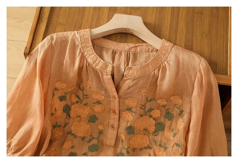 Embroidered Three Quarter Sleeve Cotton Linen Shirt - detail view