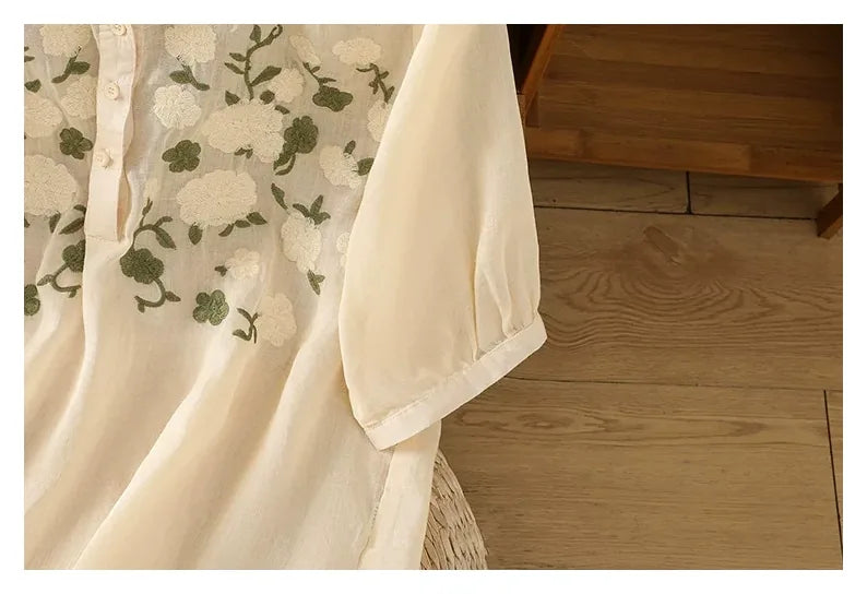 Embroidered Three Quarter Sleeve Cotton Linen Shirt - detail view