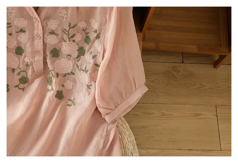 Embroidered Three Quarter Sleeve Cotton Linen Shirt - detail view