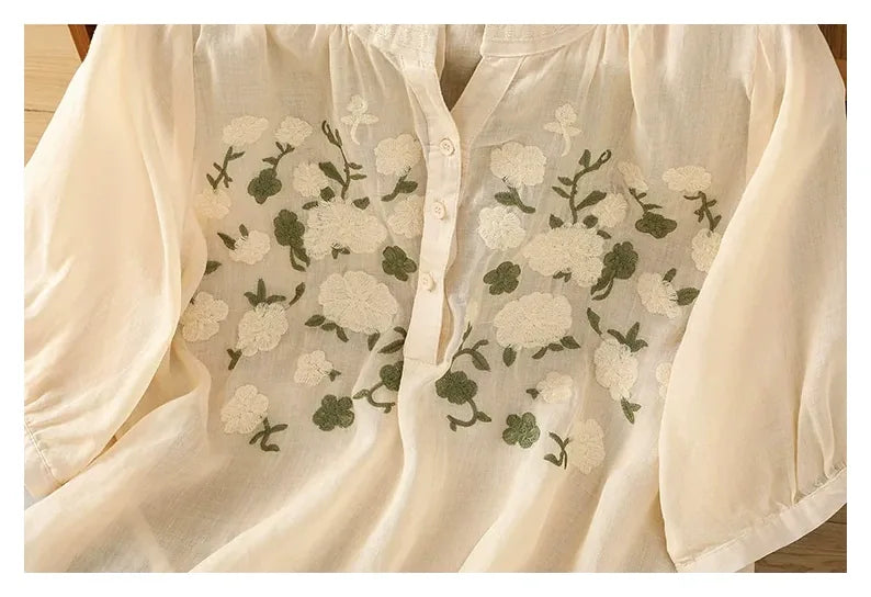 Embroidered Three Quarter Sleeve Cotton Linen Shirt - detail view