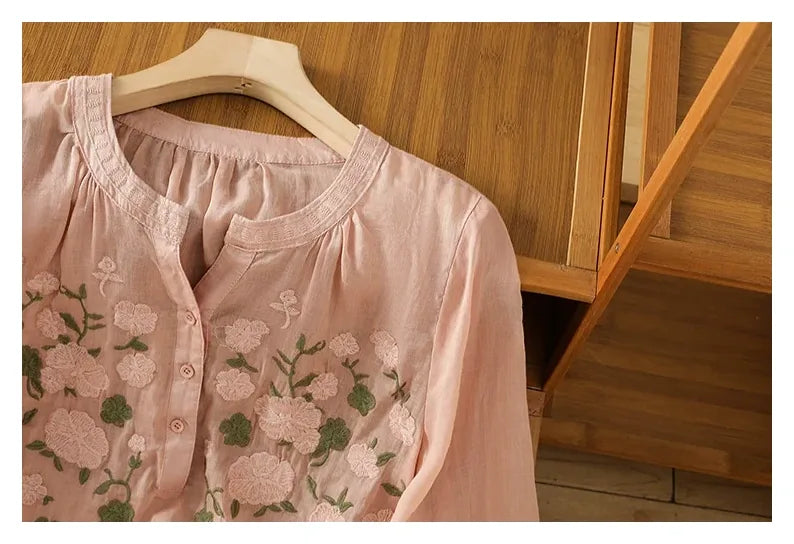 Embroidered Three Quarter Sleeve Cotton Linen Shirt - detail view