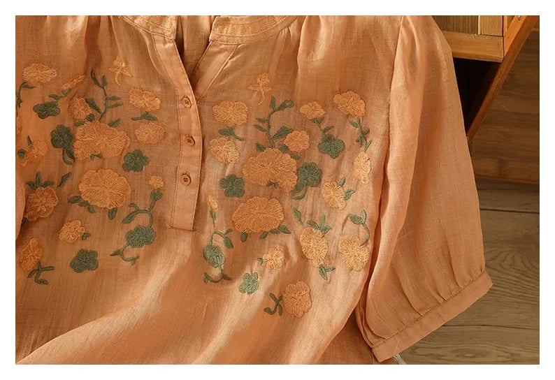 Embroidered Three Quarter Sleeve Cotton Linen Shirt - detail view