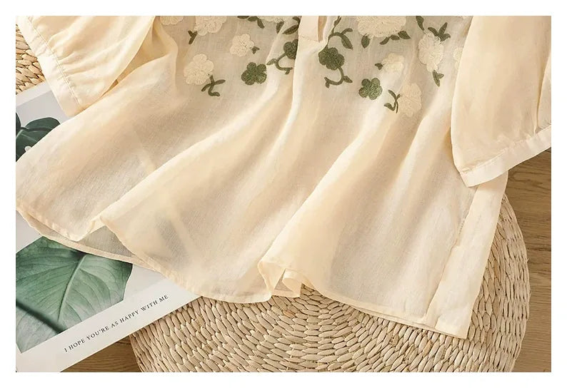 Embroidered Three Quarter Sleeve Cotton Linen Shirt - detail view