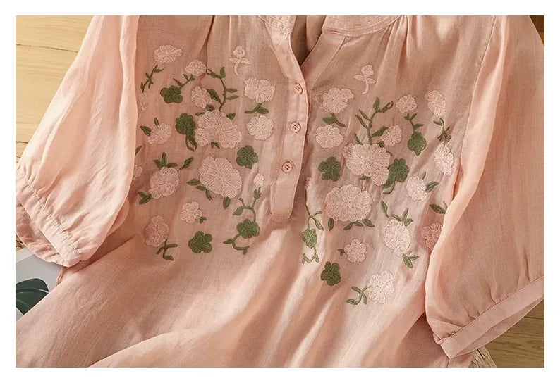 Embroidered Three Quarter Sleeve Cotton Linen Shirt - detail view