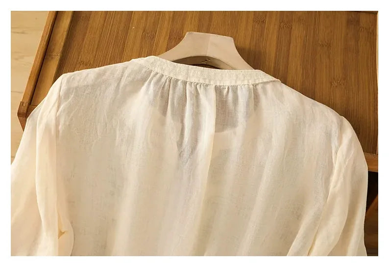 Embroidered Three Quarter Sleeve Cotton Linen Shirt - detail view