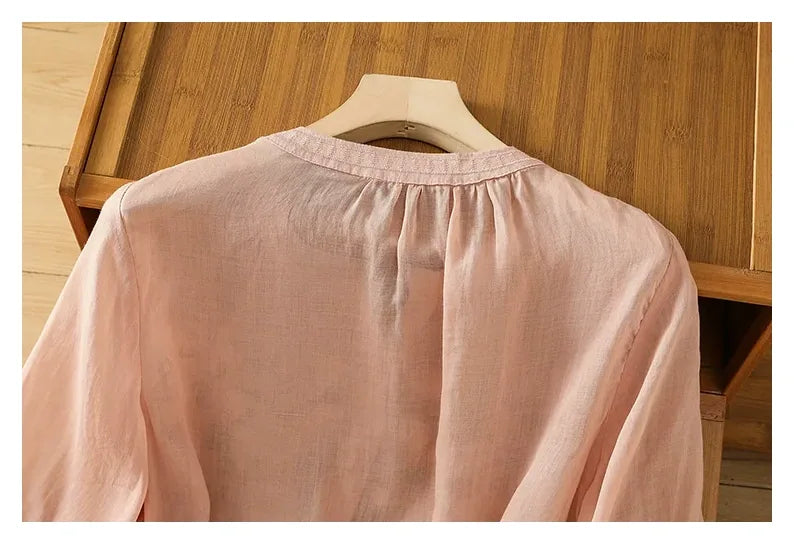 Embroidered Three Quarter Sleeve Cotton Linen Shirt - detail view