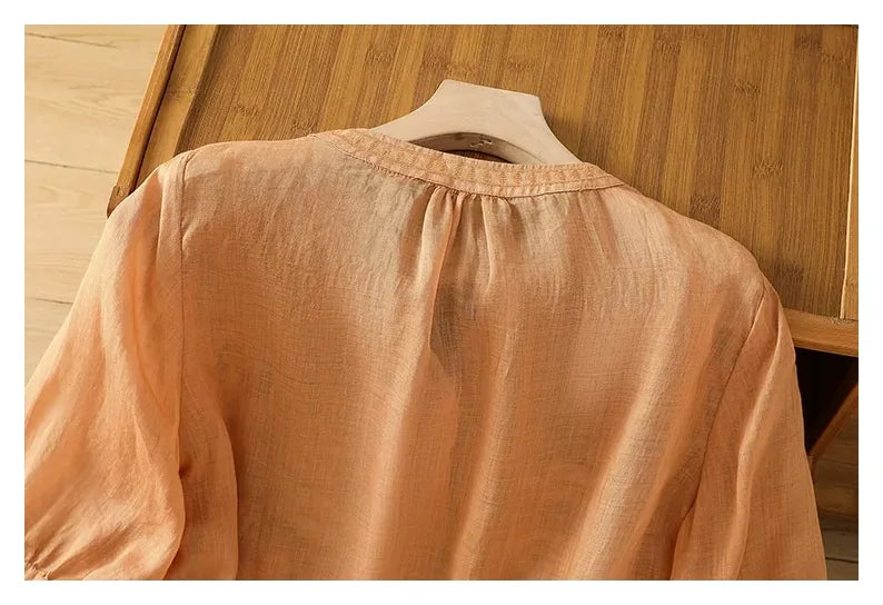 Embroidered Three Quarter Sleeve Cotton Linen Shirt - detail view