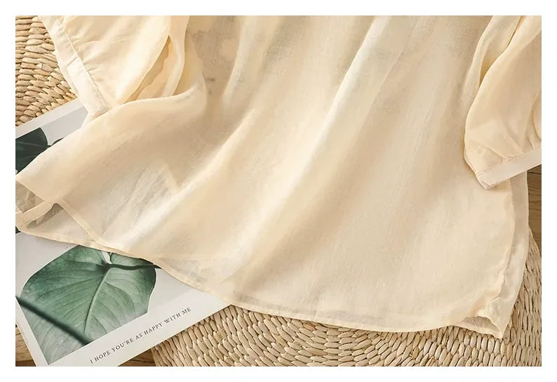 Embroidered Three Quarter Sleeve Cotton Linen Shirt - detail view