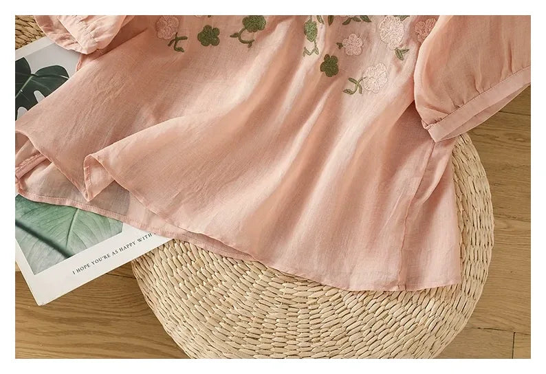 Embroidered Three Quarter Sleeve Cotton Linen Shirt - detail view