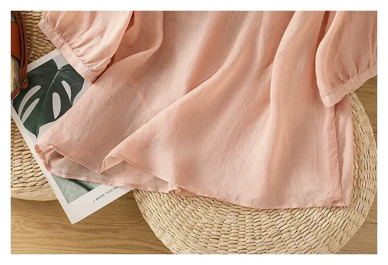 Embroidered Three Quarter Sleeve Cotton Linen Shirt - detail view