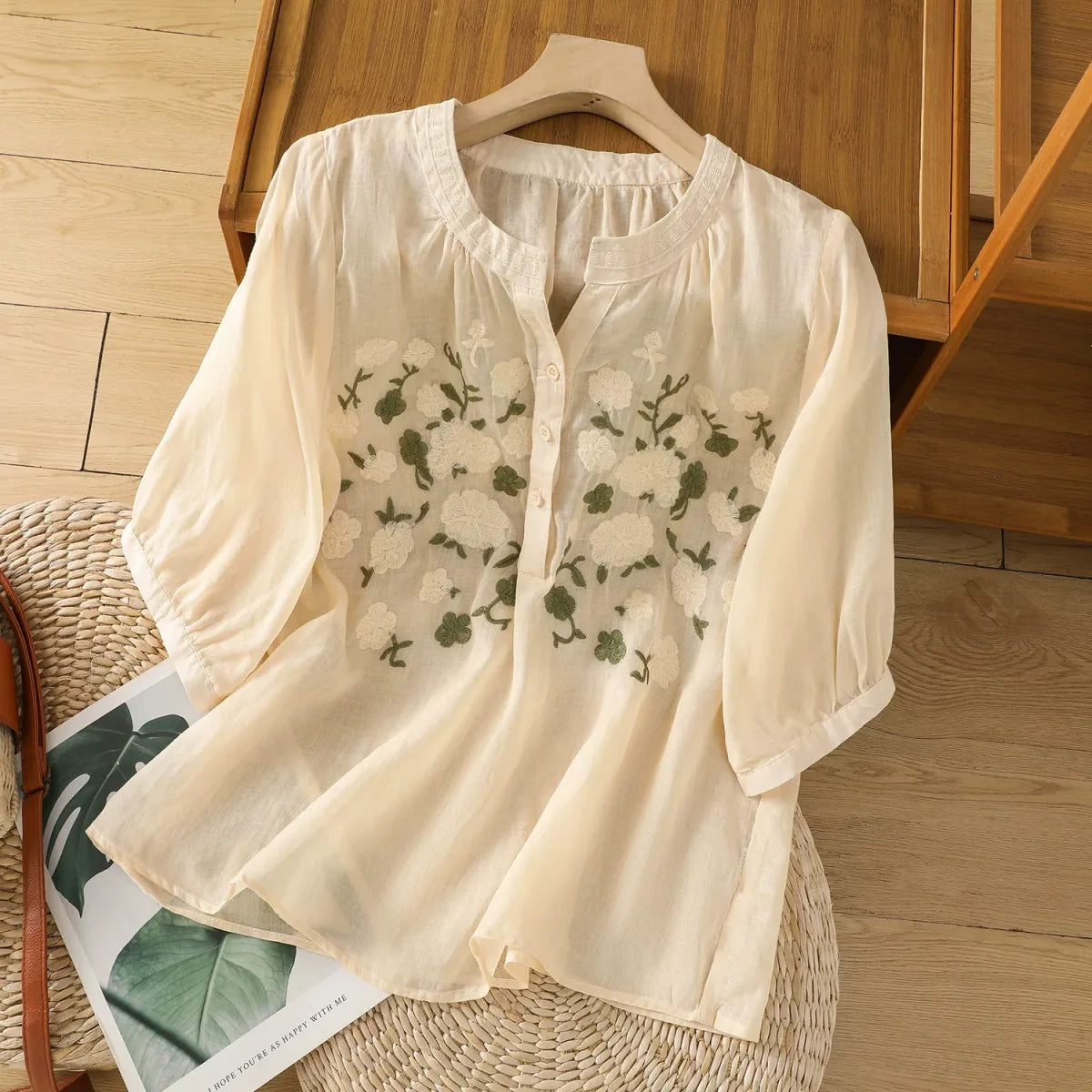 Embroidered Three Quarter Sleeve Cotton Linen Shirt - product view view
