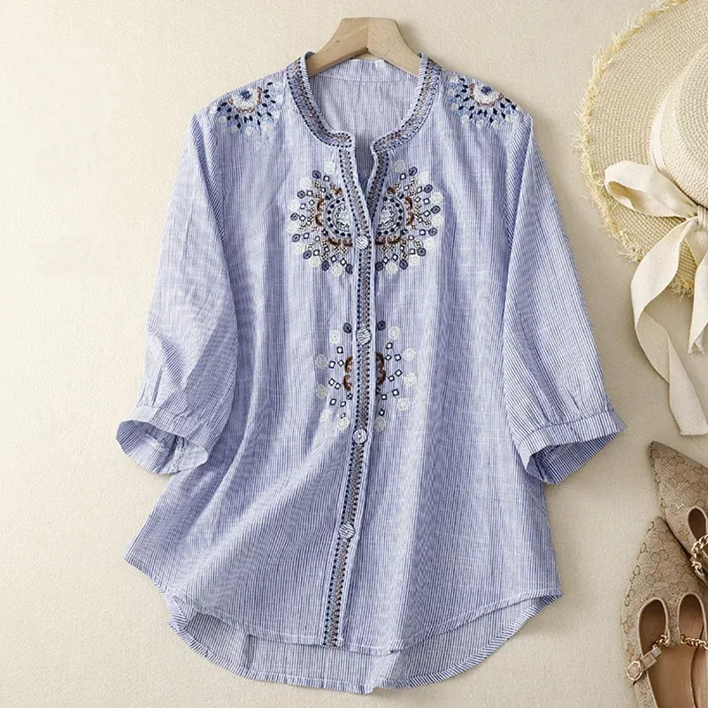 Embroidered Three Quarter Sleeve Shirt, Cotton Linen - main product image - unknown