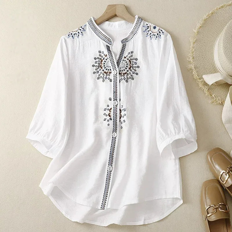 Embroidered Three Quarter Sleeve Shirt, Cotton Linen - product image 2 - unknown