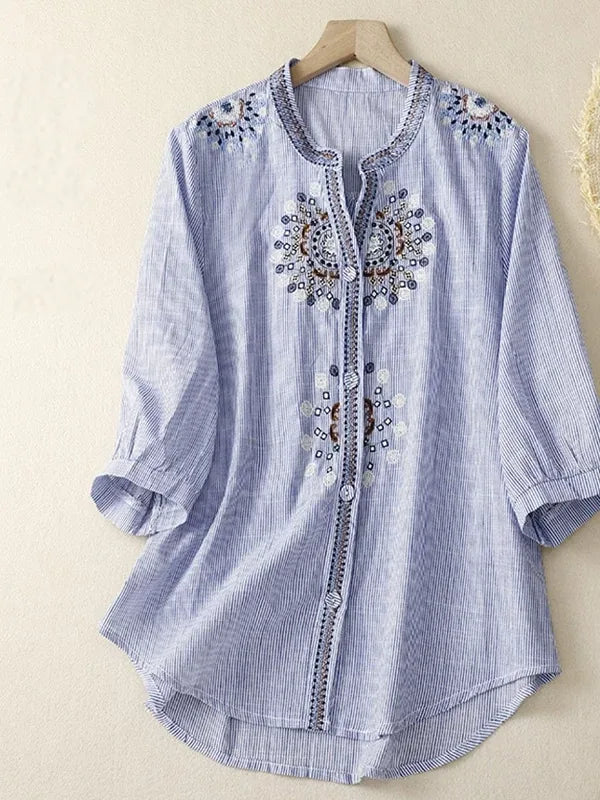 Embroidered Three Quarter Sleeve Shirt, Cotton Linen - product image 3 - unknown
