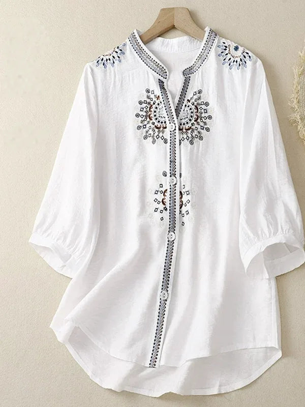 Embroidered Three Quarter Sleeve Shirt, Cotton Linen - product image 4 - unknown