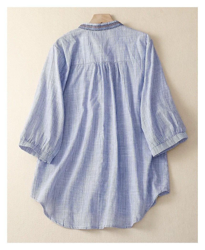 Embroidered Three Quarter Sleeve Shirt, Cotton Linen - product image 7 - unknown