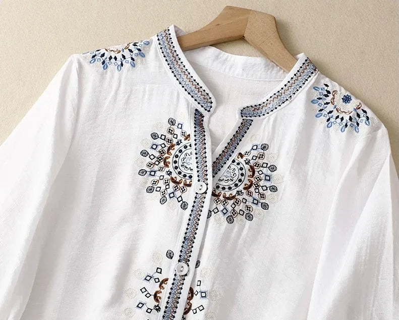 Embroidered Three Quarter Sleeve Shirt, Cotton Linen - product image 8 - unknown