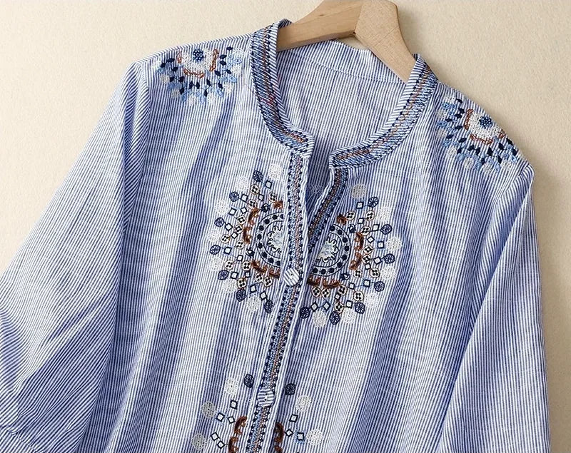 Embroidered Three Quarter Sleeve Shirt, Cotton Linen - product image 9 - unknown