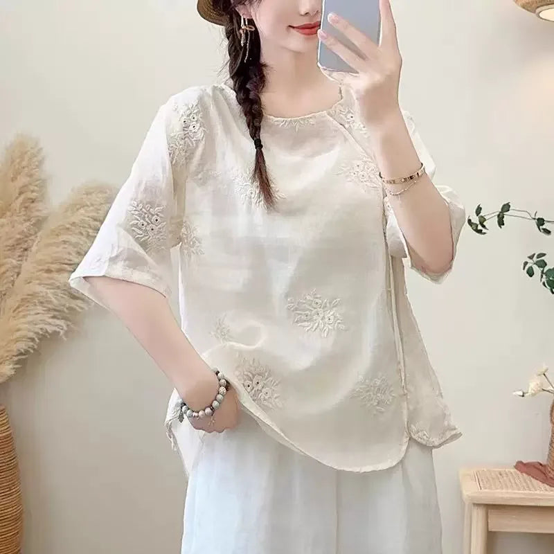 Embroidered Three Quarter Sleeve Shirt, Cotton Linen - color option view