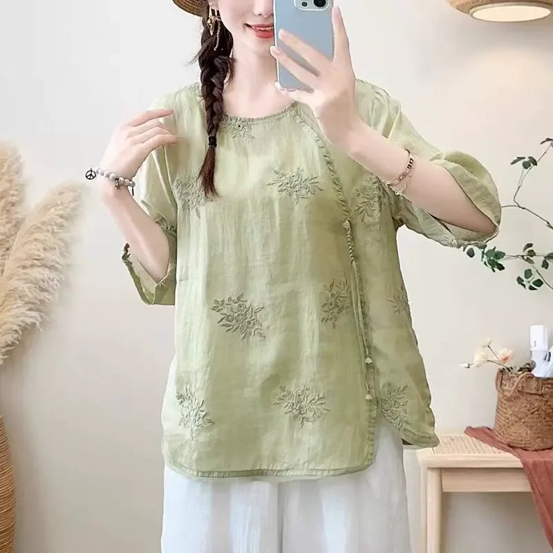 Embroidered Three Quarter Sleeve Shirt, Cotton Linen - color option view