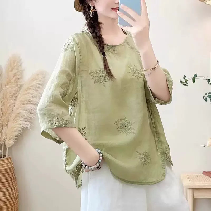 Embroidered Three Quarter Sleeve Shirt, Cotton Linen - detail view
