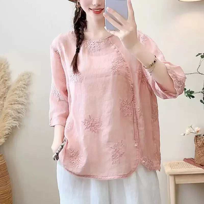 Embroidered Three Quarter Sleeve Shirt, Cotton Linen - detail view