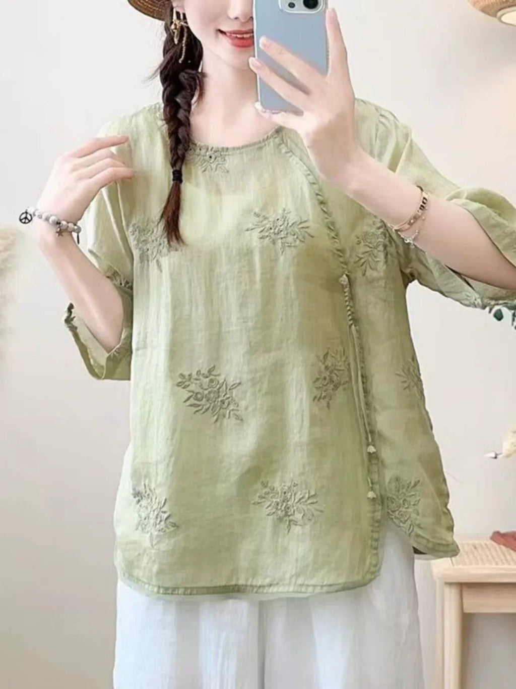 Embroidered Three Quarter Sleeve Shirt, Cotton Linen - product view view