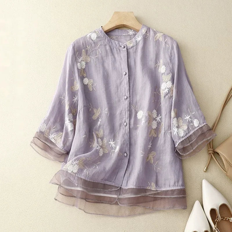 Embroidered Three Quarter Sleeve Shirt, Cotton Linen - color option view