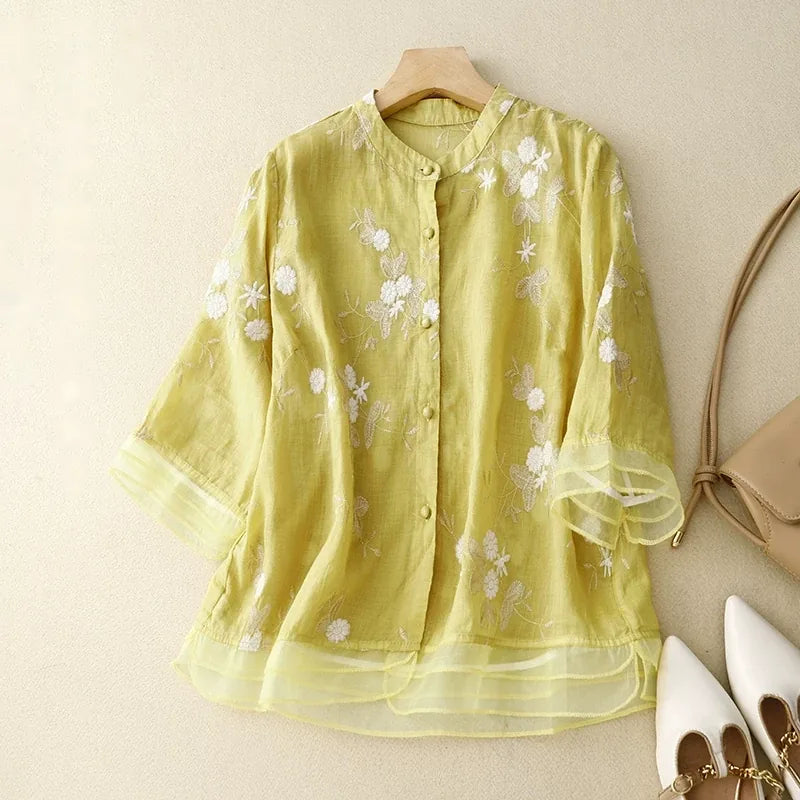 Embroidered Three Quarter Sleeve Shirt, Cotton Linen - color option view