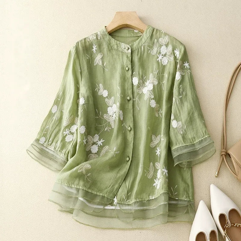 Embroidered Three Quarter Sleeve Shirt, Cotton Linen - color option view