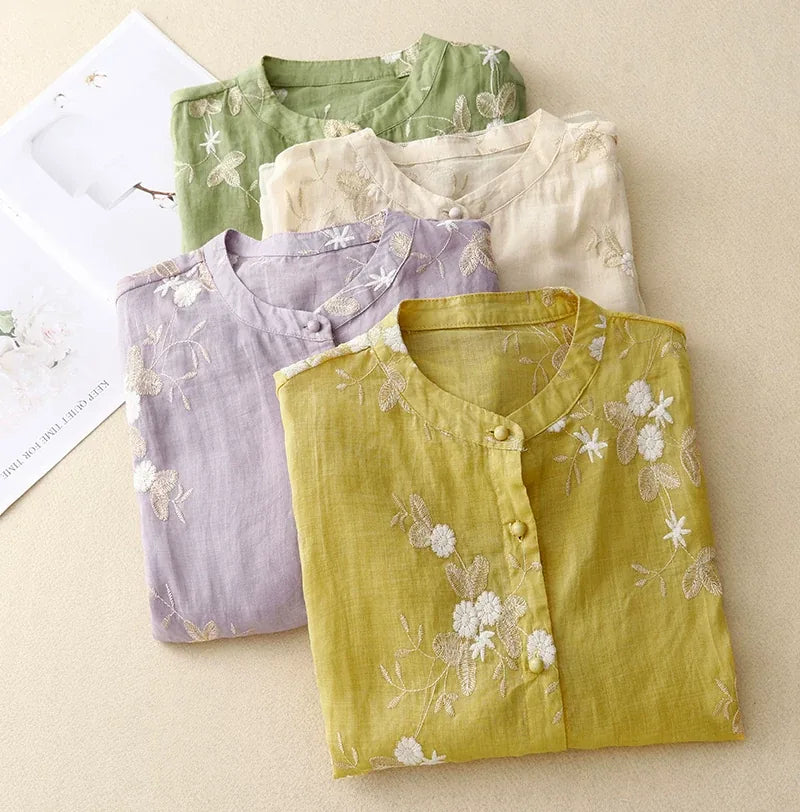 Embroidered Three Quarter Sleeve Shirt, Cotton Linen - detail view