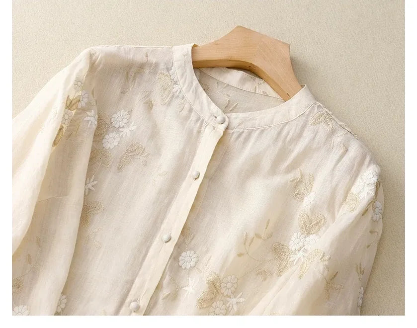 Embroidered Three Quarter Sleeve Shirt, Cotton Linen - detail view