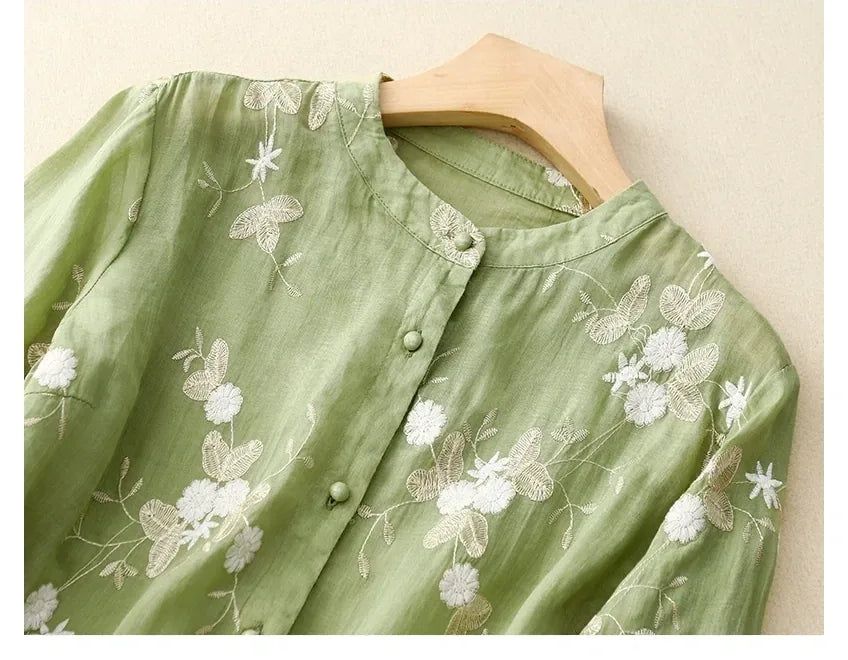 Embroidered Three Quarter Sleeve Shirt, Cotton Linen - detail view