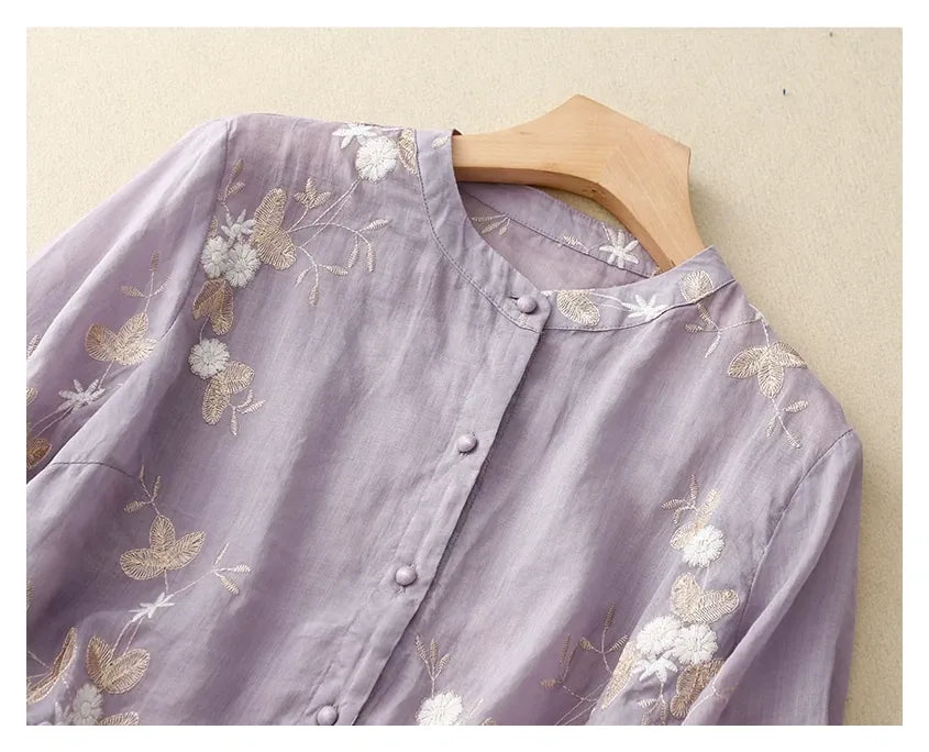 Embroidered Three Quarter Sleeve Shirt, Cotton Linen - detail view