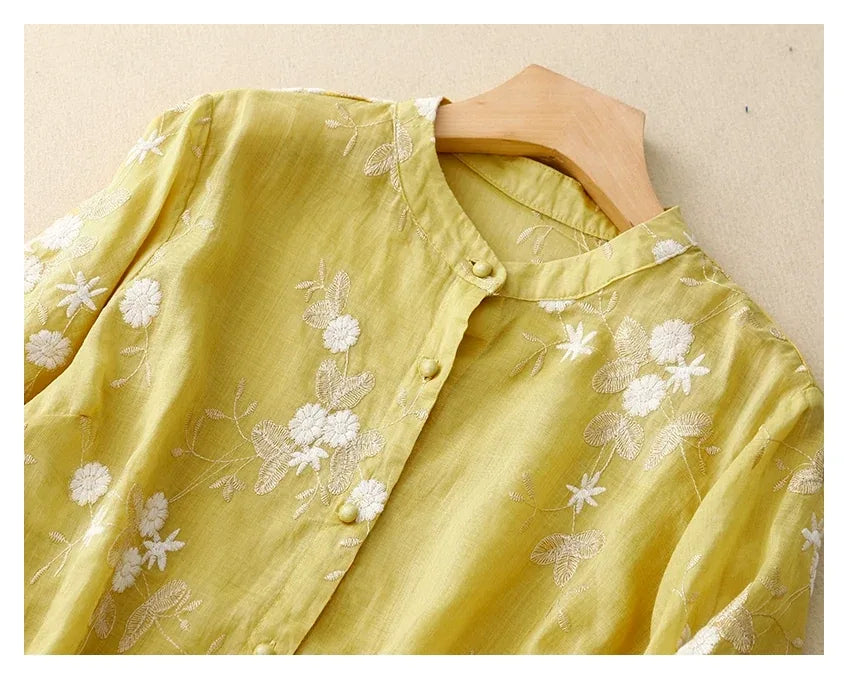 Embroidered Three Quarter Sleeve Shirt, Cotton Linen - detail view