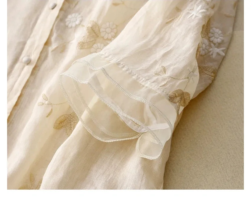 Embroidered Three Quarter Sleeve Shirt, Cotton Linen - detail view