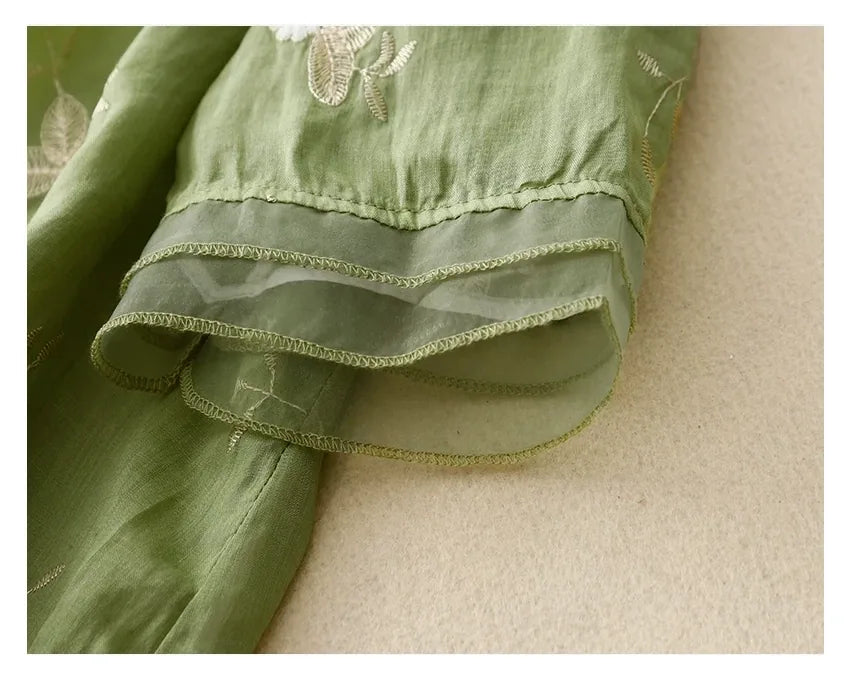 Embroidered Three Quarter Sleeve Shirt, Cotton Linen - detail view