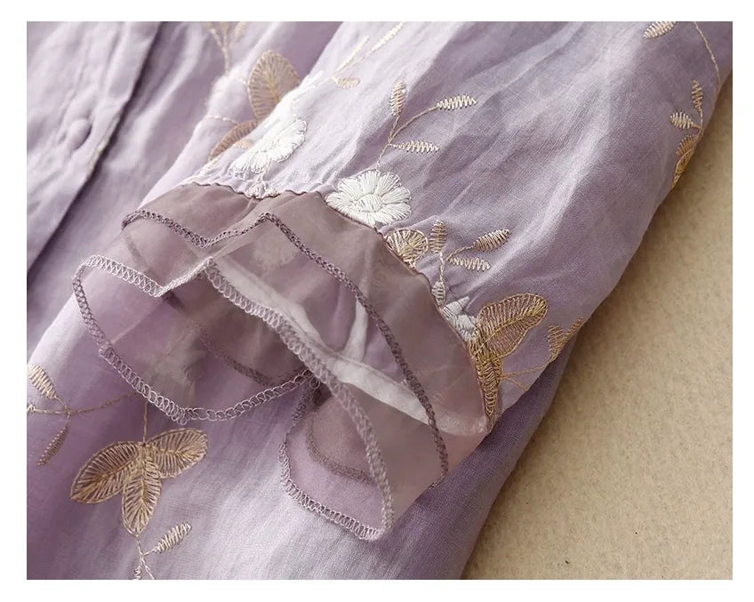 Embroidered Three Quarter Sleeve Shirt, Cotton Linen - detail view