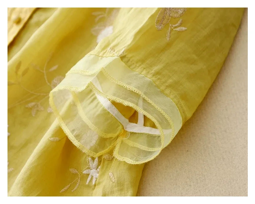 Embroidered Three Quarter Sleeve Shirt, Cotton Linen - detail view